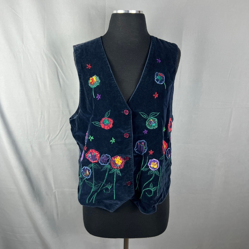 Studio Collection Waistcoat Vest Women Large Navy Floral Embroidered Cottagecore
